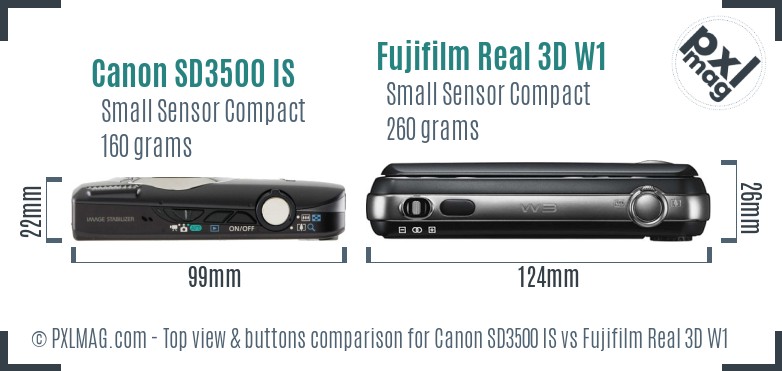 Canon SD3500 IS vs Fujifilm Real 3D W1 top view buttons comparison