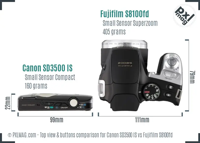 Canon SD3500 IS vs Fujifilm S8100fd top view buttons comparison