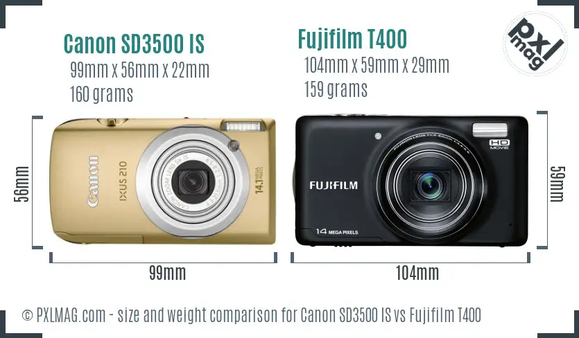 Canon SD3500 IS vs Fujifilm T400 size comparison