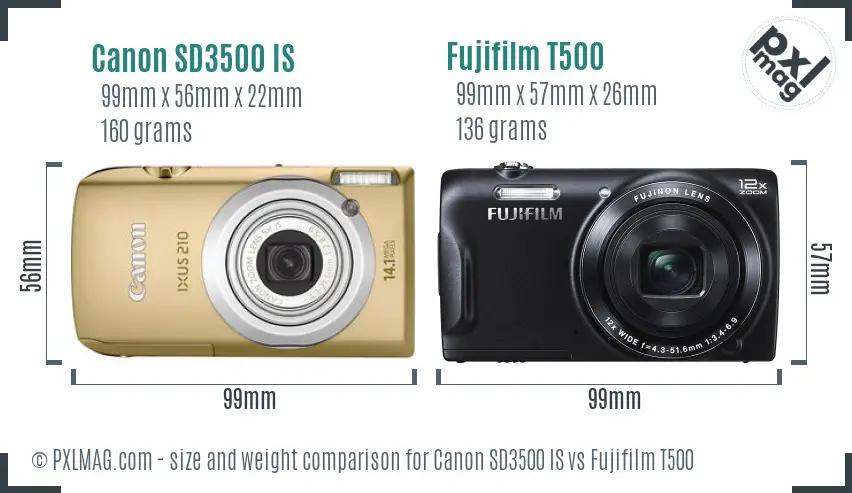 Canon SD3500 IS vs Fujifilm T500 size comparison