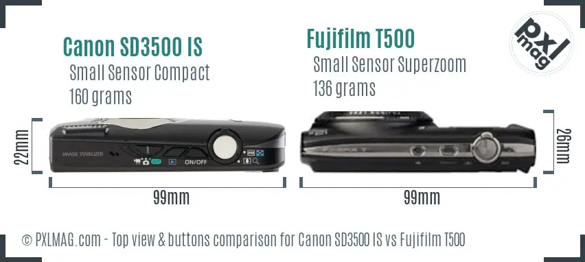Canon SD3500 IS vs Fujifilm T500 top view buttons comparison