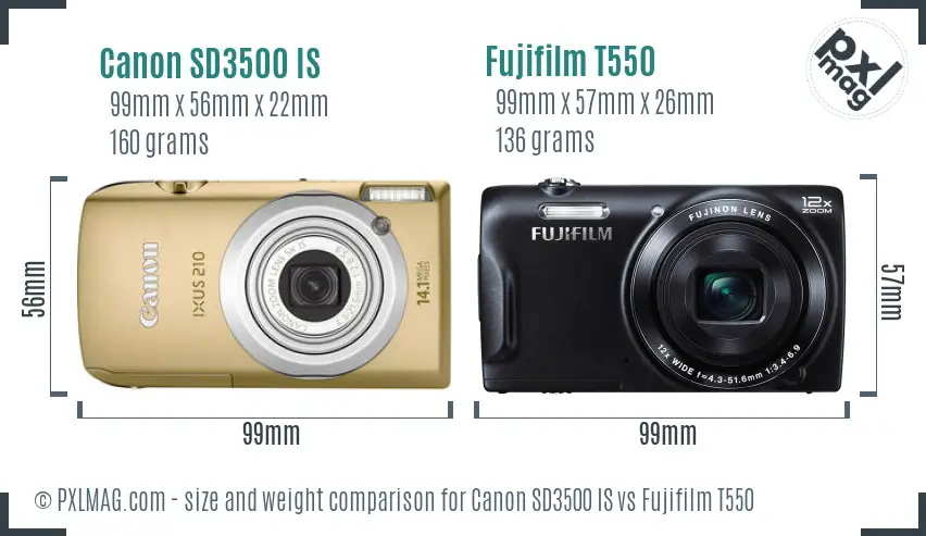 Canon SD3500 IS vs Fujifilm T550 size comparison