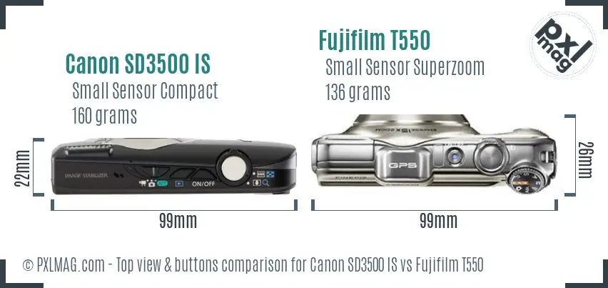 Canon SD3500 IS vs Fujifilm T550 top view buttons comparison