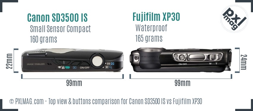 Canon SD3500 IS vs Fujifilm XP30 top view buttons comparison