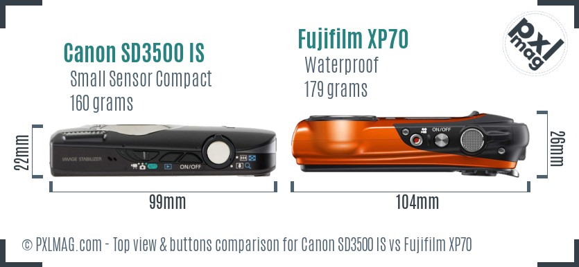 Canon SD3500 IS vs Fujifilm XP70 top view buttons comparison