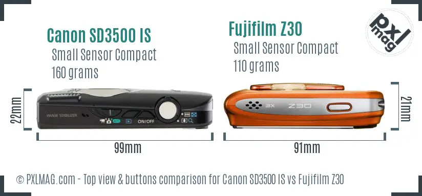 Canon SD3500 IS vs Fujifilm Z30 top view buttons comparison Canon SD3500 IS vs Fujifilm Z30 top view buttons comparison