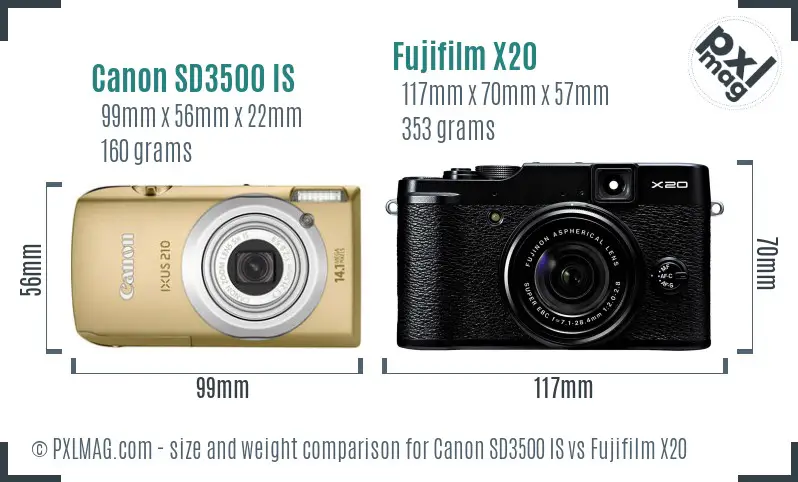 Canon SD3500 IS vs Fujifilm X20 size comparison