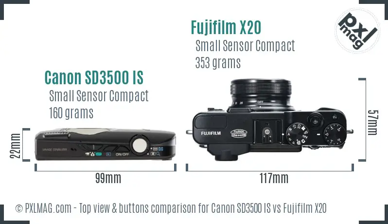 Canon SD3500 IS vs Fujifilm X20 top view buttons comparison