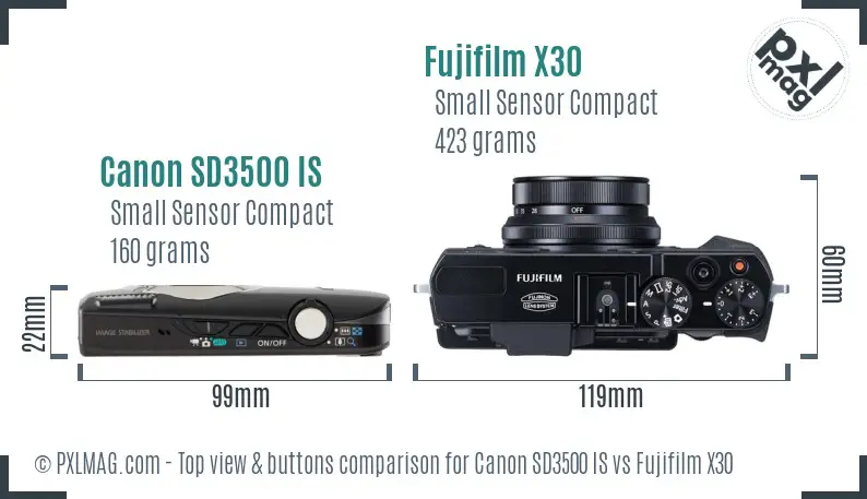 Canon SD3500 IS vs Fujifilm X30 top view buttons comparison