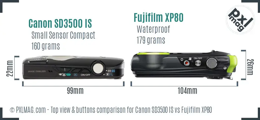 Canon SD3500 IS vs Fujifilm XP80 top view buttons comparison Canon SD3500 IS vs Fujifilm XP80 top view buttons comparison
