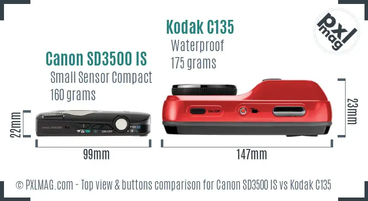 Canon SD3500 IS vs Kodak C135 top view buttons comparison