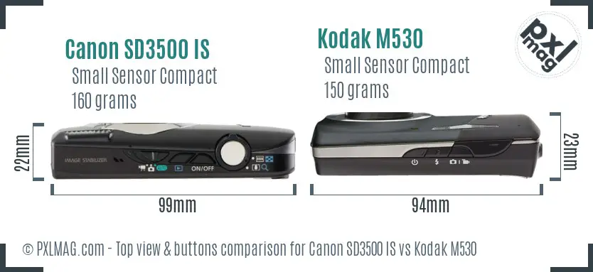 Canon SD3500 IS vs Kodak M530 top view buttons comparison