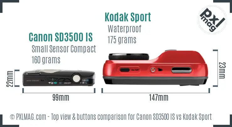 Canon SD3500 IS vs Kodak Sport top view buttons comparison