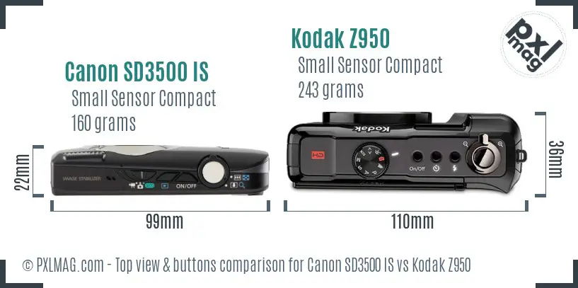 Canon SD3500 IS vs Kodak Z950 top view buttons comparison Canon SD3500 IS vs Kodak Z950 top view buttons comparison