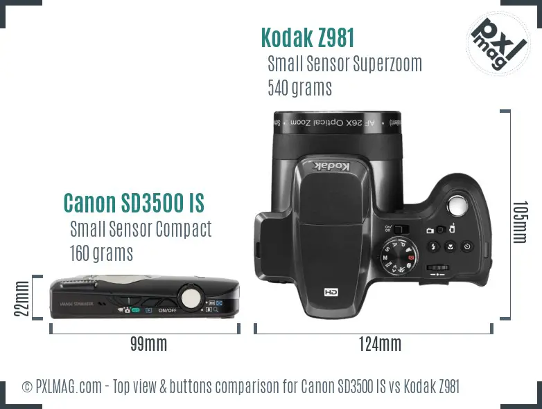 Canon SD3500 IS vs Kodak Z981 top view buttons comparison