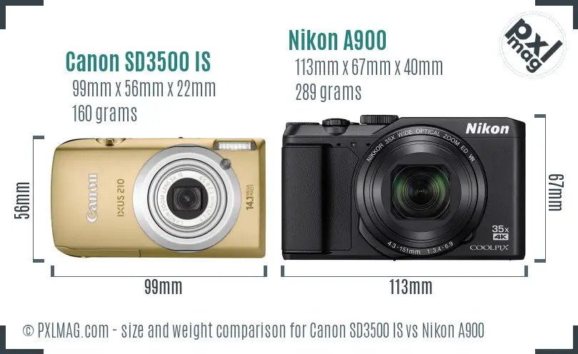 Canon SD3500 IS vs Nikon A900 size comparison