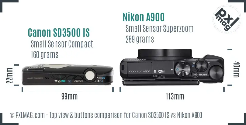 Canon SD3500 IS vs Nikon A900 top view buttons comparison