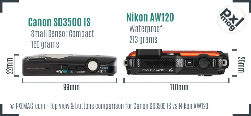 Canon SD3500 IS vs Nikon AW120 top view buttons comparison