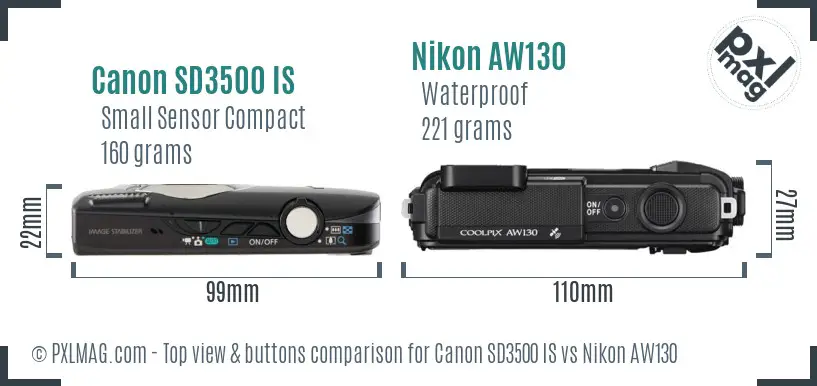 Canon SD3500 IS vs Nikon AW130 top view buttons comparison