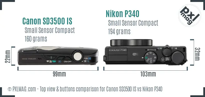 Canon SD3500 IS vs Nikon P340 top view buttons comparison