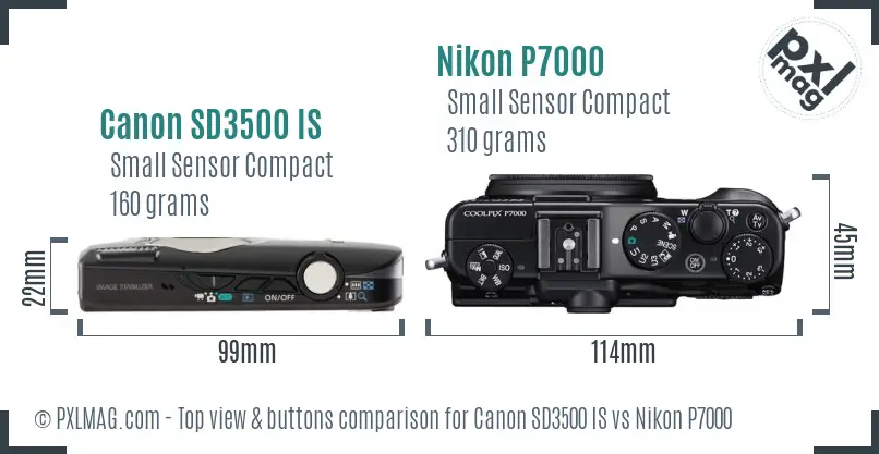 Canon SD3500 IS vs Nikon P7000 top view buttons comparison