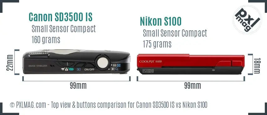 Canon SD3500 IS vs Nikon S100 top view buttons comparison Canon SD3500 IS vs Nikon S100 top view buttons comparison