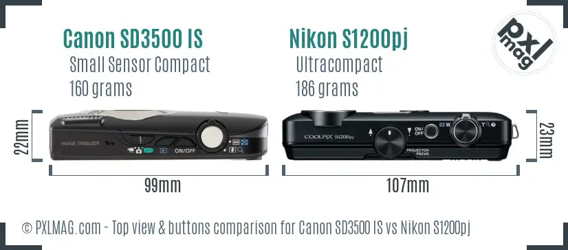 Canon SD3500 IS vs Nikon S1200pj top view buttons comparison