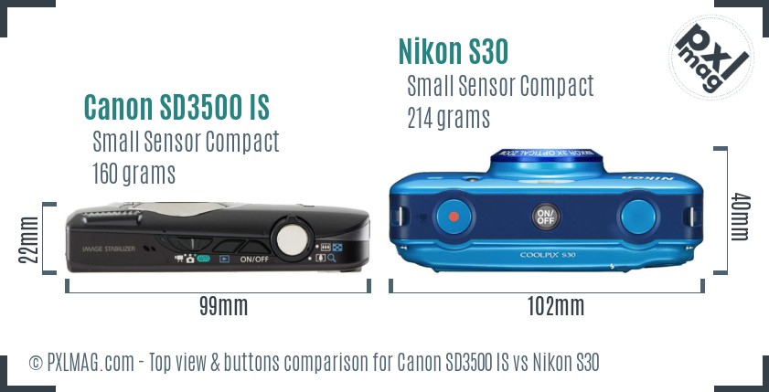 Canon SD3500 IS vs Nikon S30 top view buttons comparison