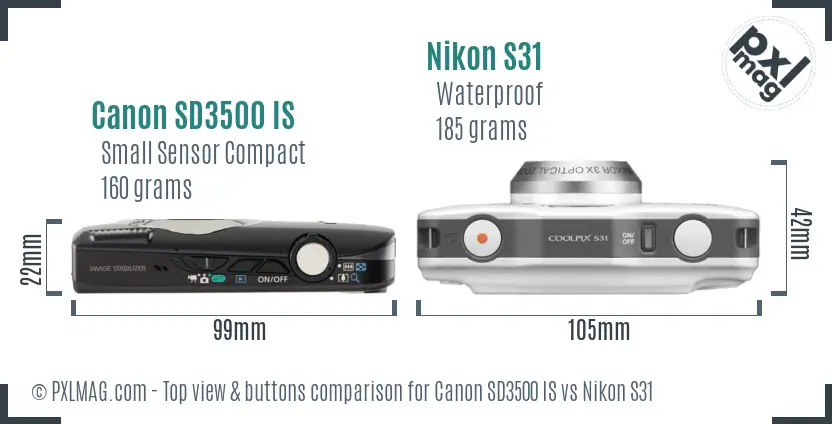 Canon SD3500 IS vs Nikon S31 top view buttons comparison