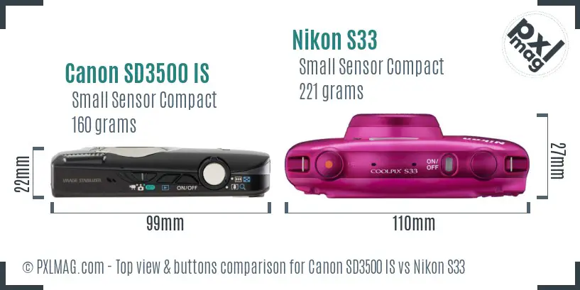 Canon SD3500 IS vs Nikon S33 top view buttons comparison