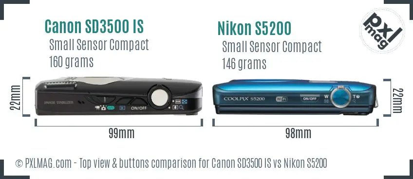 Canon SD3500 IS vs Nikon S5200 top view buttons comparison Canon SD3500 IS vs Nikon S5200 top view buttons comparison
