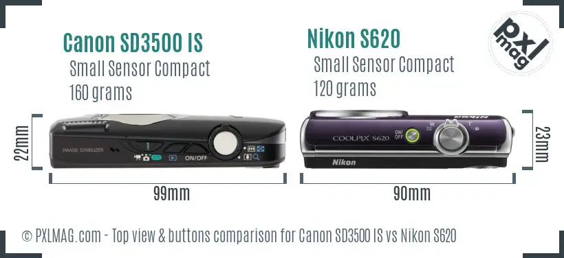 Canon SD3500 IS vs Nikon S620 top view buttons comparison