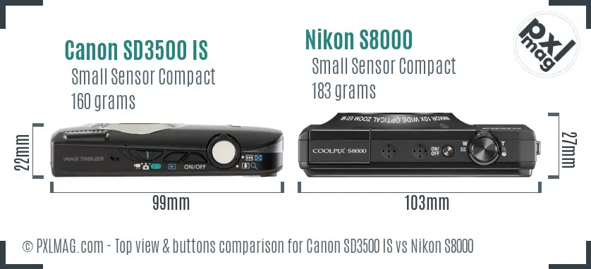 Canon SD3500 IS vs Nikon S8000 top view buttons comparison