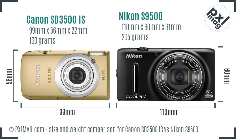 Canon SD3500 IS vs Nikon S9500 size comparison
