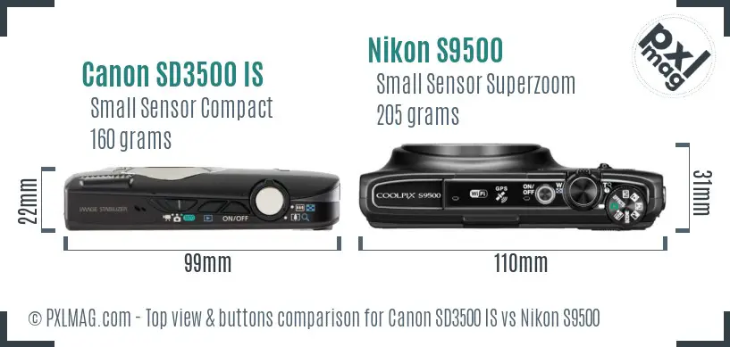 Canon SD3500 IS vs Nikon S9500 top view buttons comparison