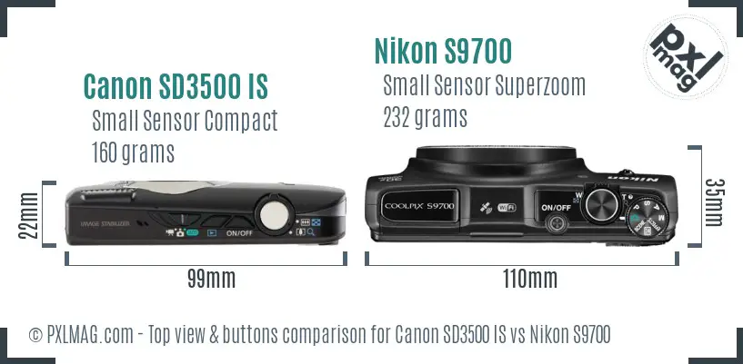 Canon SD3500 IS vs Nikon S9700 top view buttons comparison Canon SD3500 IS vs Nikon S9700 top view buttons comparison