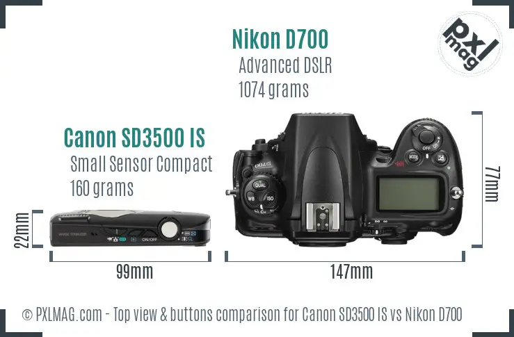 Canon SD3500 IS vs Nikon D700 top view buttons comparison