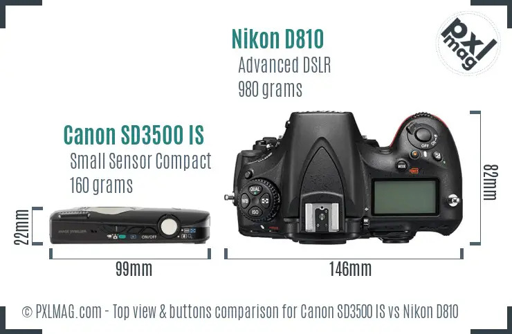 Canon SD3500 IS vs Nikon D810 top view buttons comparison