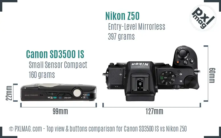 Canon SD3500 IS vs Nikon Z50 top view buttons comparison