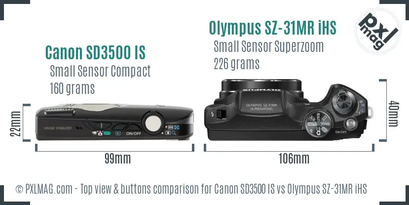 Canon SD3500 IS vs Olympus SZ-31MR iHS top view buttons comparison Canon SD3500 IS vs Olympus SZ-31MR iHS top view buttons comparison