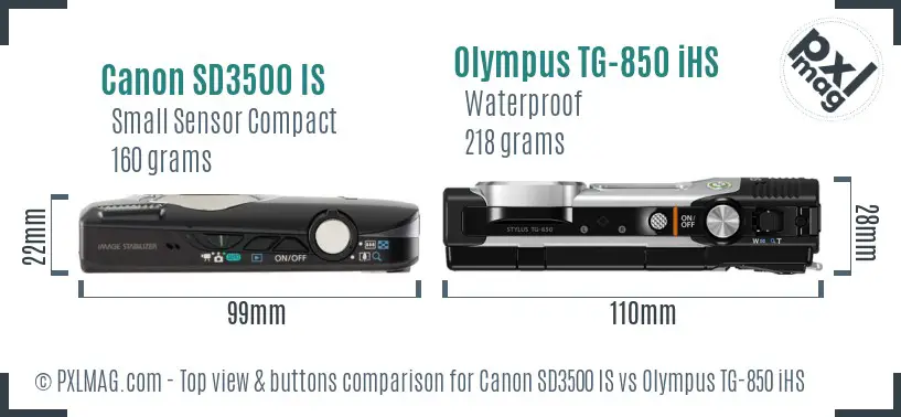 Canon SD3500 IS vs Olympus TG-850 iHS top view buttons comparison Canon SD3500 IS vs Olympus TG-850 iHS top view buttons comparison