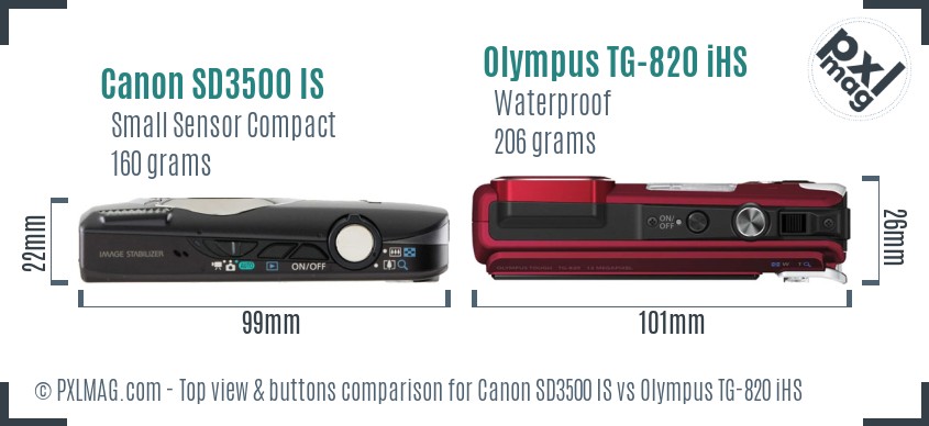 Canon SD3500 IS vs Olympus TG-820 iHS top view buttons comparison