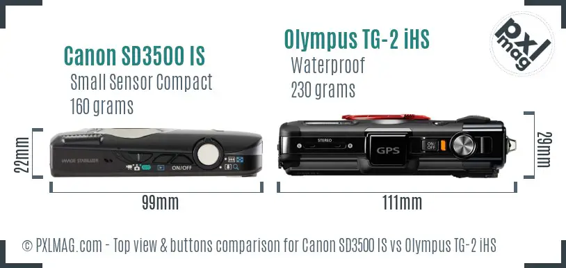 Canon SD3500 IS vs Olympus TG-2 iHS top view buttons comparison Canon SD3500 IS vs Olympus TG-2 iHS top view buttons comparison