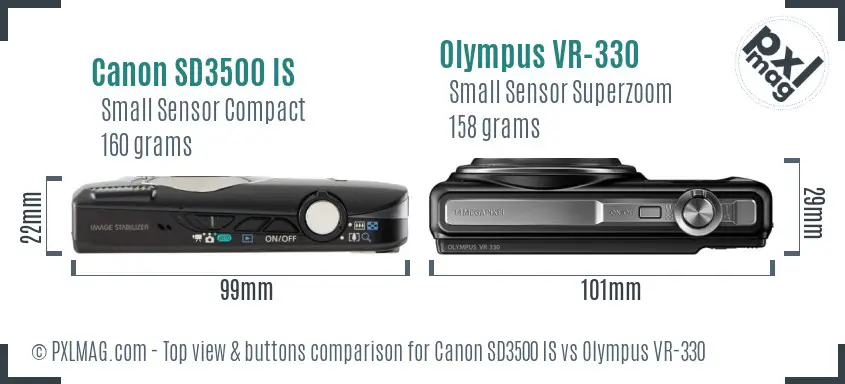 Canon SD3500 IS vs Olympus VR-330 top view buttons comparison Canon SD3500 IS vs Olympus VR-330 top view buttons comparison