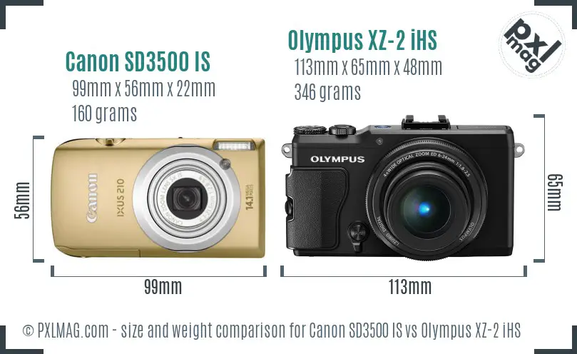 Canon SD3500 IS vs Olympus XZ-2 iHS size comparison