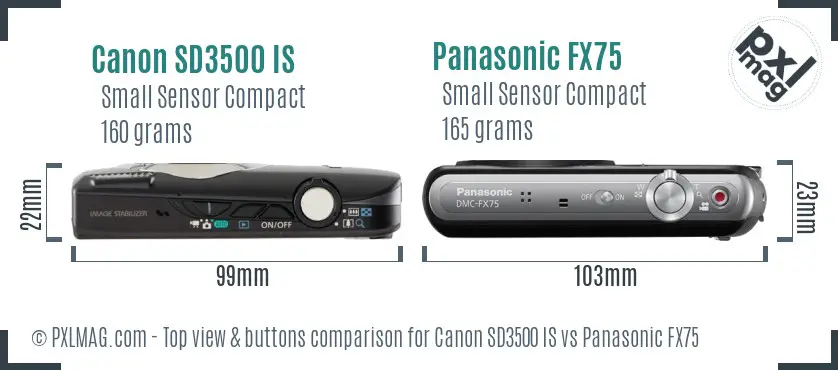 Canon SD3500 IS vs Panasonic FX75 top view buttons comparison