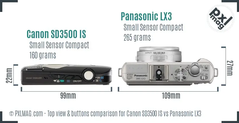 Canon SD3500 IS vs Panasonic LX3 top view buttons comparison