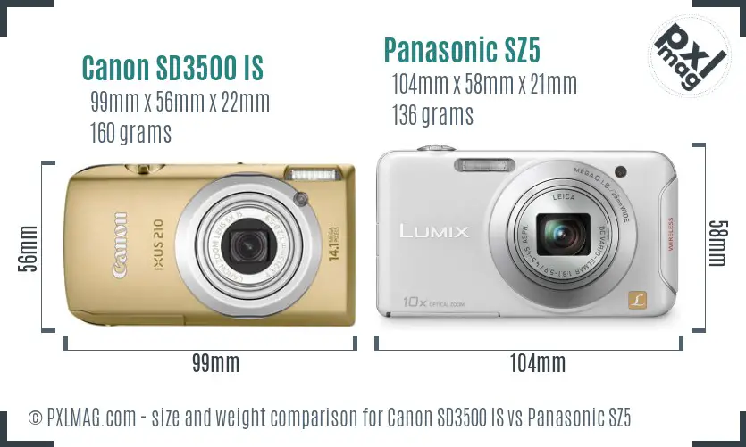 Canon SD3500 IS vs Panasonic SZ5 size comparison