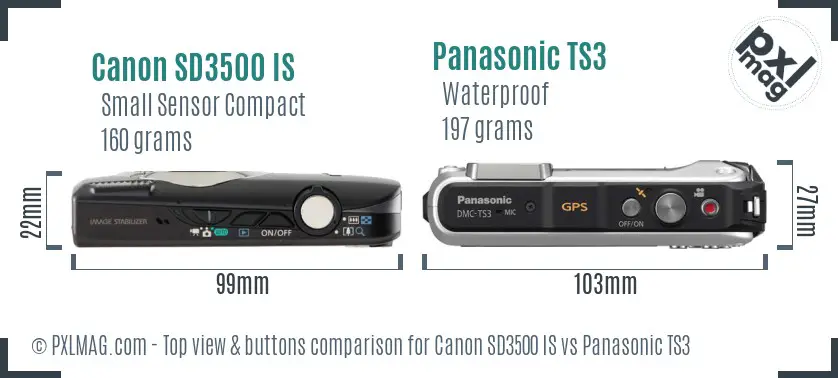 Canon SD3500 IS vs Panasonic TS3 top view buttons comparison