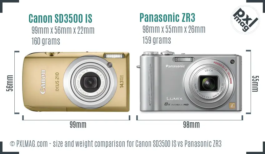 Canon SD3500 IS vs Panasonic ZR3 size comparison